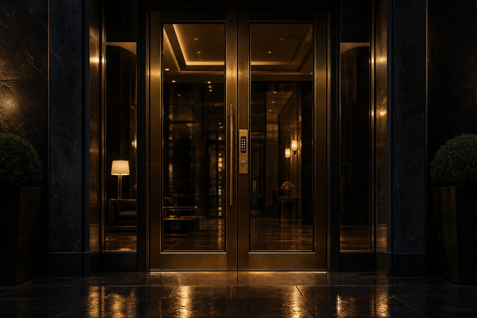 Smoked glass commercial office entrance at night with a brass frame and electronic keypad lock