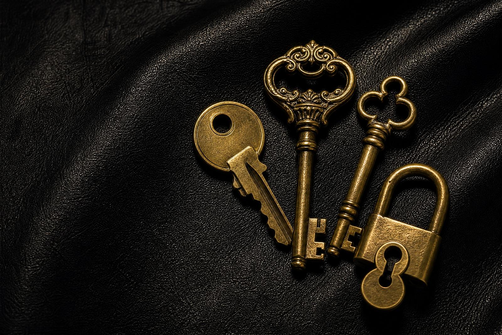 Macro still life of brass keys and a padlock key on dark leather cloth