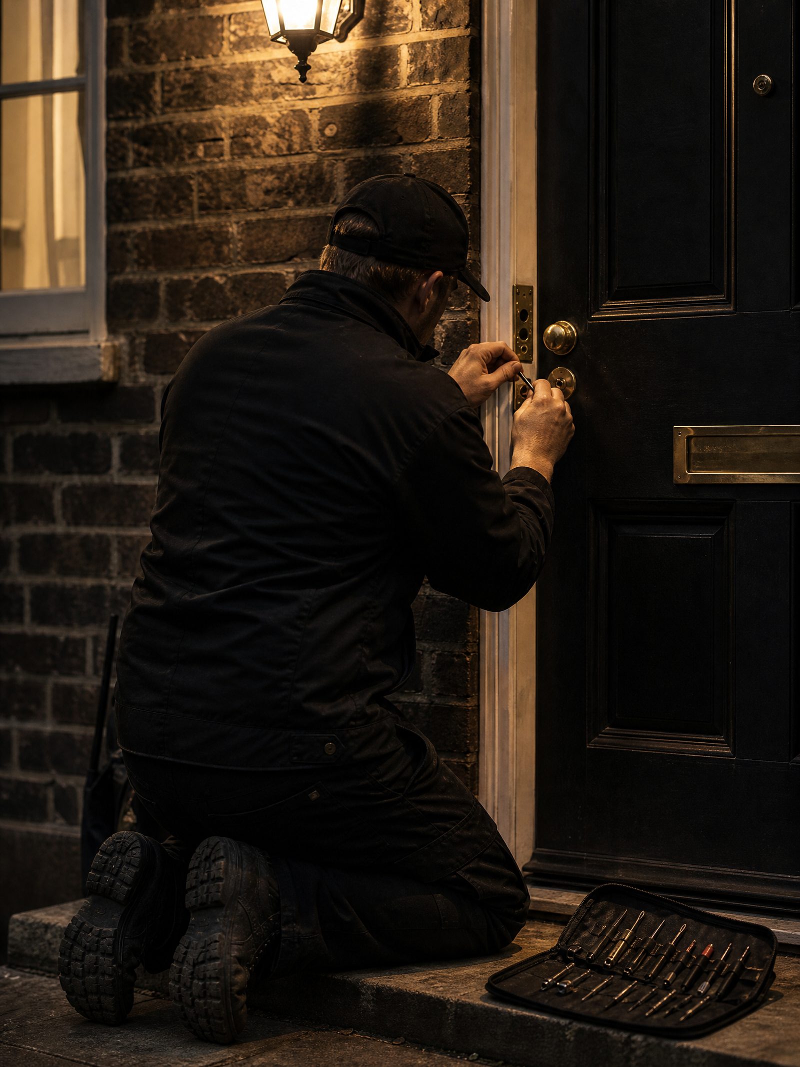 Locksmith working on the brass lock of a residential front door at dusk