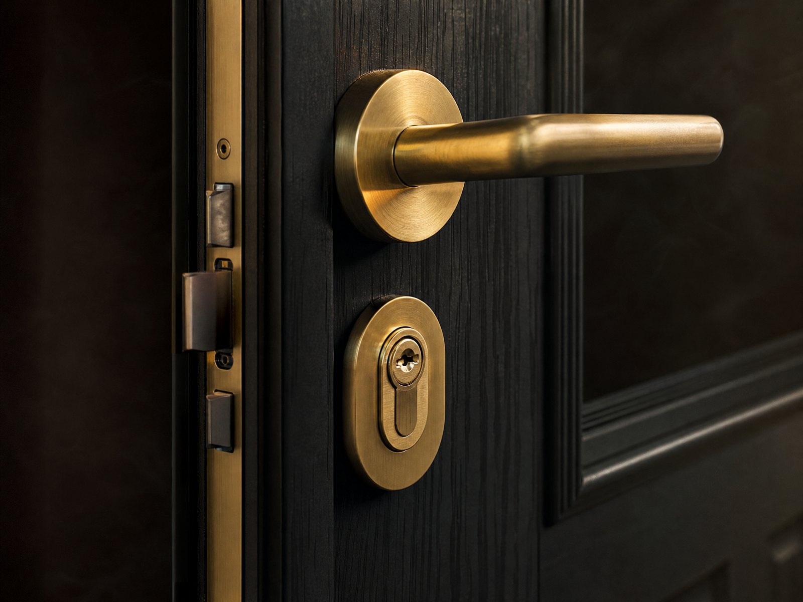 Close up of a brushed brass handle and lock barrel on a dark grey UPVC composite door